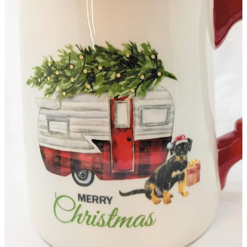 Merry Christmas Ceramic Pitcher With Camper And Dog